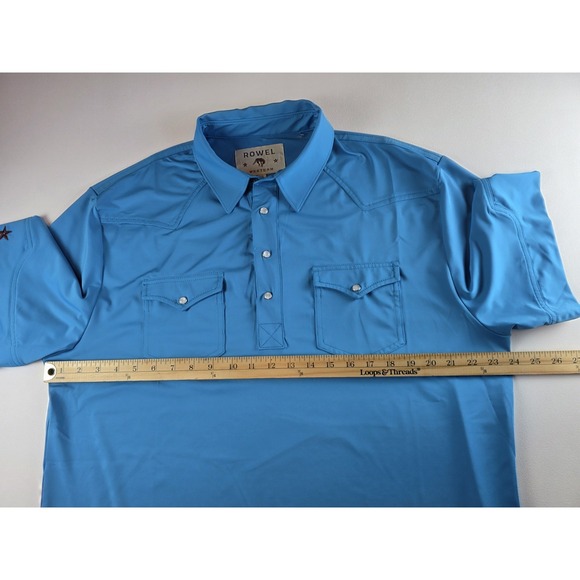 Rowel Western Pearl Snap Solid Blue Shirt Men Size XL Short Sleeve Stretch Rodeo - Picture 3 of 5